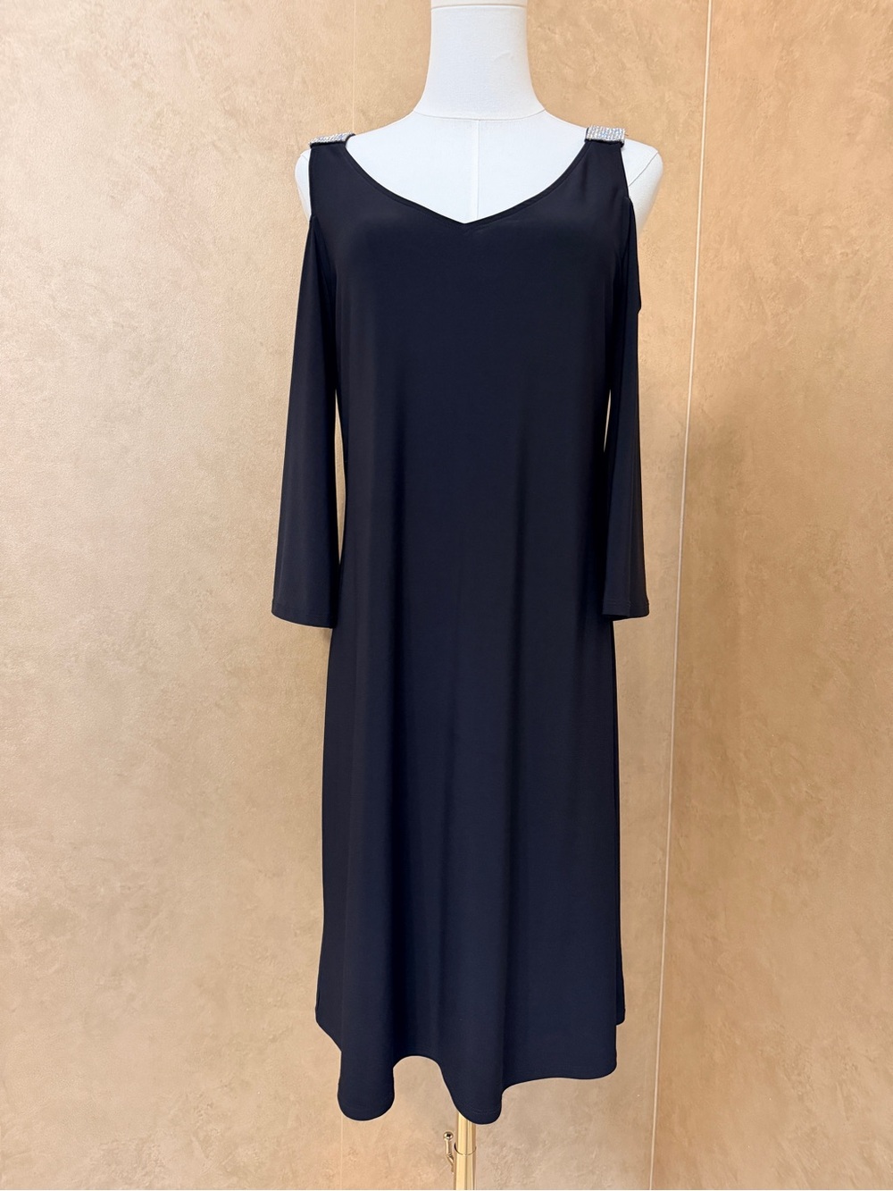 Cold-Shoulder Black Long Sleeve Midi Dress with Rhinestone Shoulder Detail